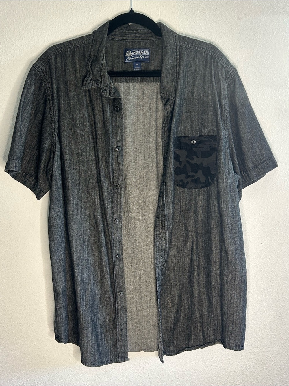 American Rag Short-Sleeve Button-Down Shirt in Charcoal with Black Camo Pocket